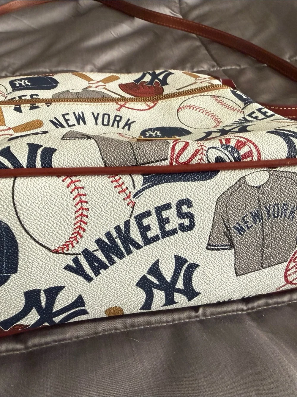 Dooney & Bourke Cream New York Yankees Print Crossbody with Brown Strap